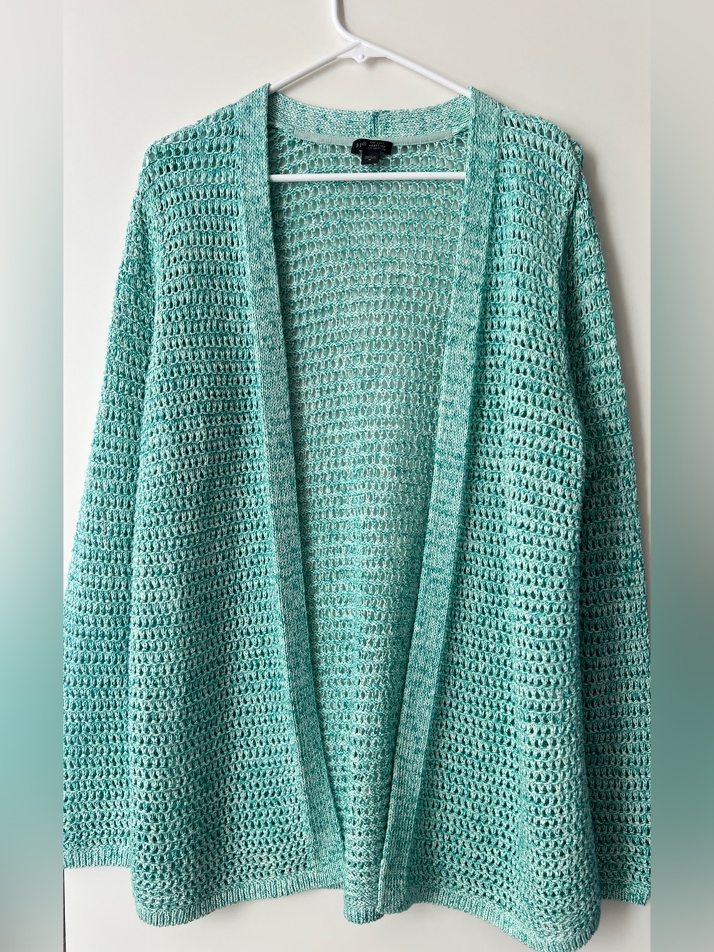 J Jill Cotton Crochet Cardigan Mint Green Open Knit Beach Cover Up Size M - Picture 2 of 13